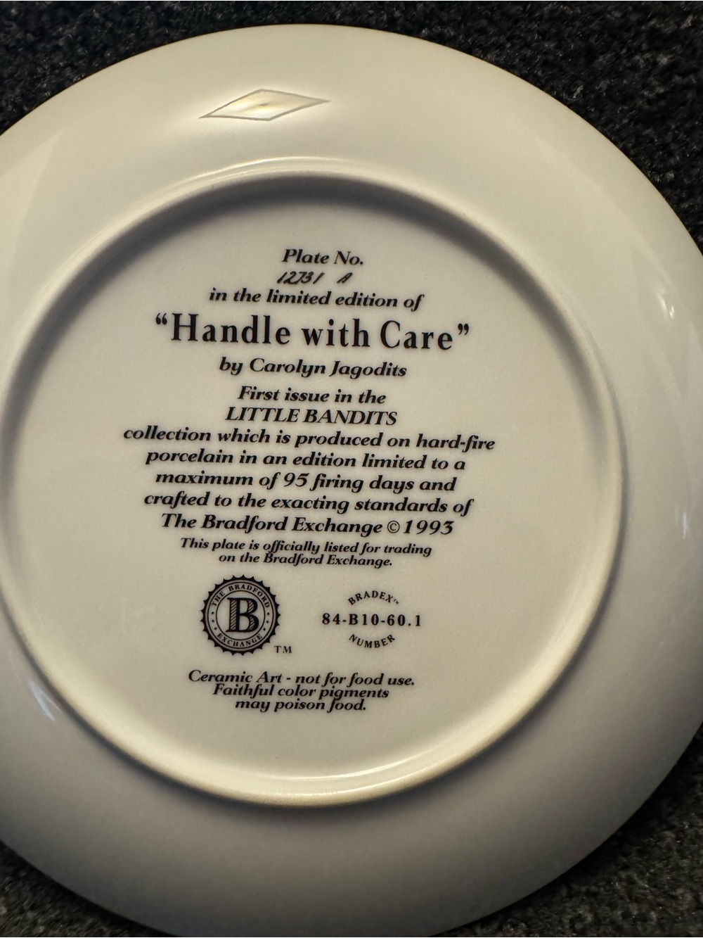 1993 Bradford Exchange "Handle with Care" Plate Carolyn Jagodits Little Bandits - Picture 5 of 6